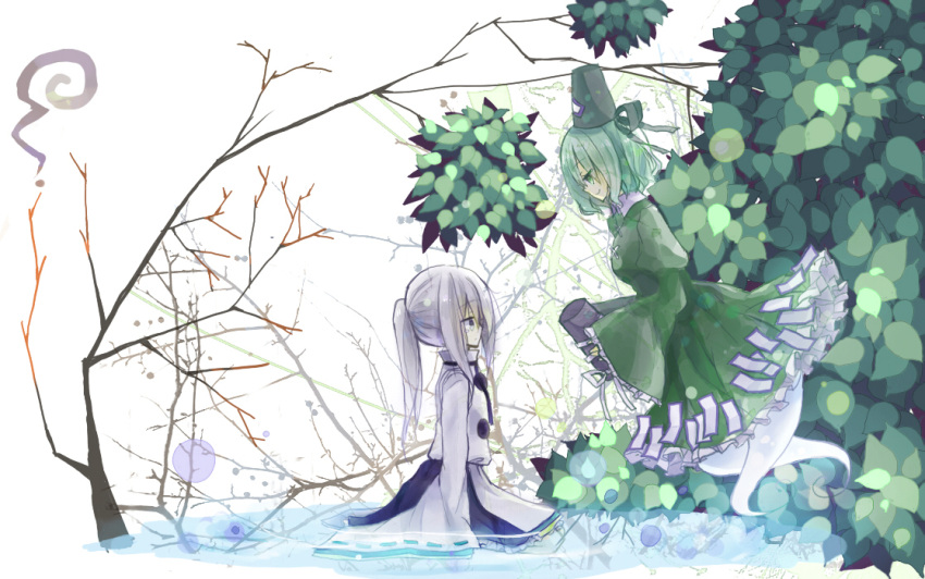 branch dress feet_in_water ghost_tail ghost_tails green_dress green_eyes green_hair grey_eyes hands_in_sleeves hat hat_removed headwear_removed holding holding_hat japanese_clothes kouzidaren leaf light_particles mononobe_no_futo multiple_girls ofuda payot pom_pom_(clothes) ponytail profile short_hair silver_hair smile soaking_feet soga_no_tojiko tate_eboshi tears touhou water white_background wide_sleeves