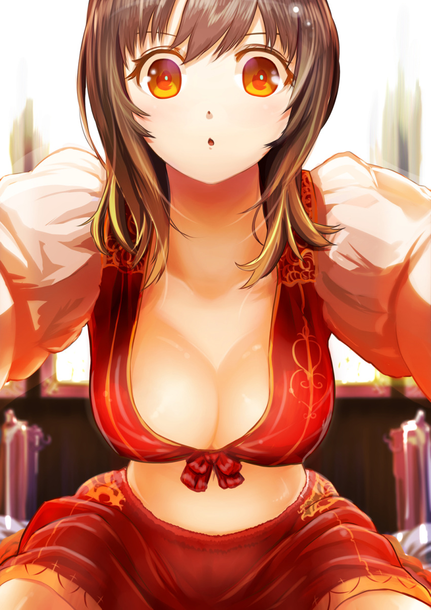 :o blush breasts brown_hair cleavage crop_top front-tie_top hanging_breasts highres large_breasts looking_at_viewer midriff navel open_mouth orange_eyes original outstretched_arms short_hair solo soratobuiltusa