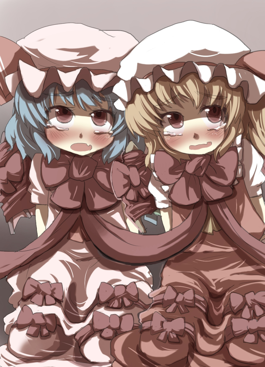 blonde_hair blue_hair blush commentary_request flandre_scarlet gaoo_(frpjx283) hat highres multiple_girls red_eyes remilia_scarlet restrained ribbon tears touhou