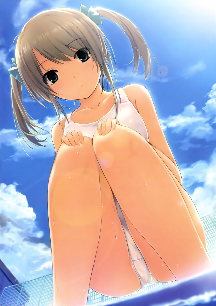 absurdres bare_shoulders blue_sky brown_hair cloud clouds coffee-kizoku from_below green_eyes hands_on_knees highres lens_flare looking_at_viewer looking_down original scan school_swimsuit sky solo squatting swimsuit twintails wet white_school_swimsuit