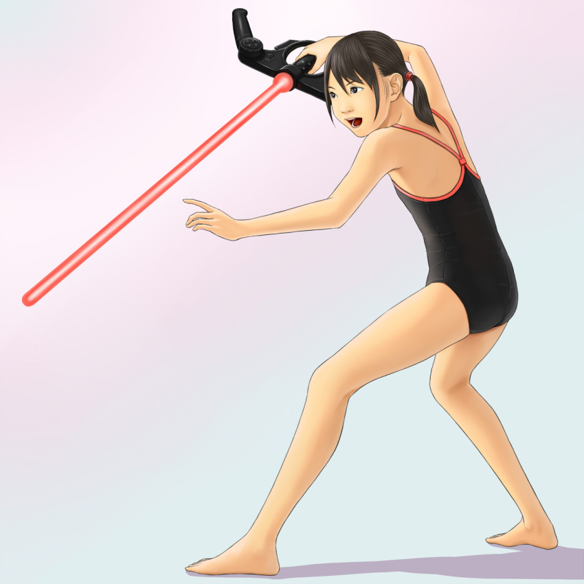 1girl back bare_shoulders barefoot battle_pose black_hair brown_eyes copyright_request energy_sword feet hentai_oyaji highres lightsaber one-piece_swimsuit open_mouth playstation_move shadow solo swimsuit sword weapon