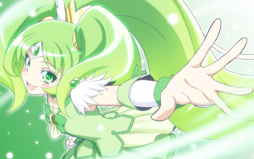 1girl choker cure_march dress fingerless_gloves gloves green_dress green_eyes green_hair h-new happy highres long_hair looking_at_viewer midorikawa_nao ponytail precure ribbon shirt skirt smile smile_precure! solo tri_tails very_long_hair wrist_cuffs