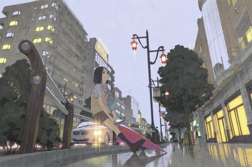bmw brown_hair car cellphone city closed_umbrella cloudy_sky foreshortening from_behind highres lamppost lens_flare motor_vehicle original perspective phone plaid plaid_skirt pleated_skirt rain reflection scenery shiwasu_takashi short_hair sitting skirt solo street tree umbrella vehicle wet_hair