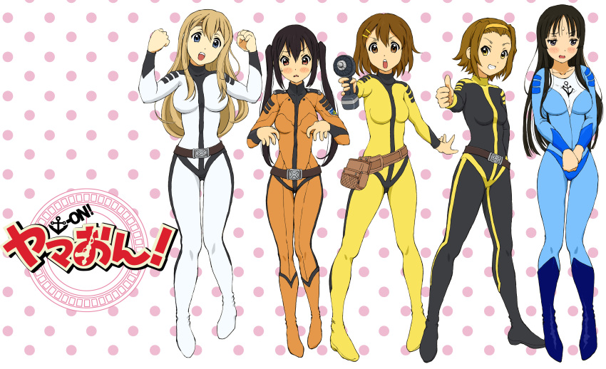 absurdres akiyama_mio belt black_eyes black_hair blonde_hair bodysuit boots brown_eyes brown_hair cosplay electric_screwdriver embarrassed grin hair_ornament hairband hairclip highres hirasawa_yui iwasan k-on! kotobuki_tsumugi lineup logo long_hair multiple_girls nakano_azusa open_mouth parody pigeon-toed polka_dot polka_dot_background raised_fists short_hair smile standing sweatdrop tainaka_ritsu thumbs_up tools twintails uchuu_senkan_yamato_2199 yellow_eyes