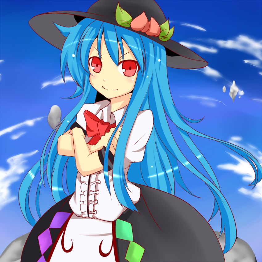 blue_hair bow chorin cloud clouds food frills fruit hat highres hinanawi_tenshi leaf long_hair looking_at_viewer peach red_eyes rock short_sleeves sky smile solo touhou very_long_hair