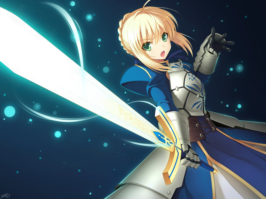 armor armored_dress blonde_hair braid cygnus_(artist) dress excalibur fate/zero fate_(series) french_braid gauntlets glowing glowing_sword glowing_weapon green_eyes hair_ribbon holding light_particles open_mouth ribbon saber short_hair solo sword weapon