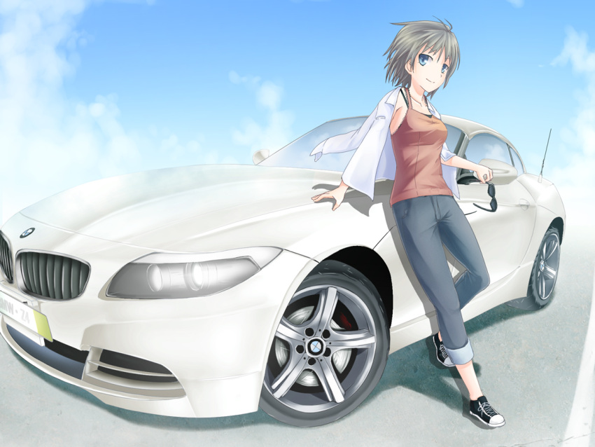arm_support blue_eyes bmw bmw_z4 car cloud clouds collarbone denim foreshortening grey_hair jacket_on_shoulders jacket_over_shoulders lace light_smile looking_at_viewer mole motor_vehicle no_socks original shintani_kyou shintani_s15 shoes short_hair sky solo sunglasses tank_top vehicle