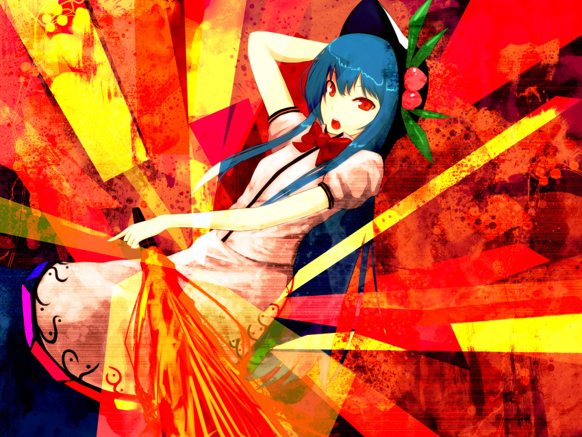 absurdres awa_(3anco00) blue_hair bow food fruit hat highres hinanawi_tenshi leaf long_hair long_skirt open_mouth peach red_eyes short_sleeves skirt solo sword sword_of_hisou touhou very_long_hair weapon