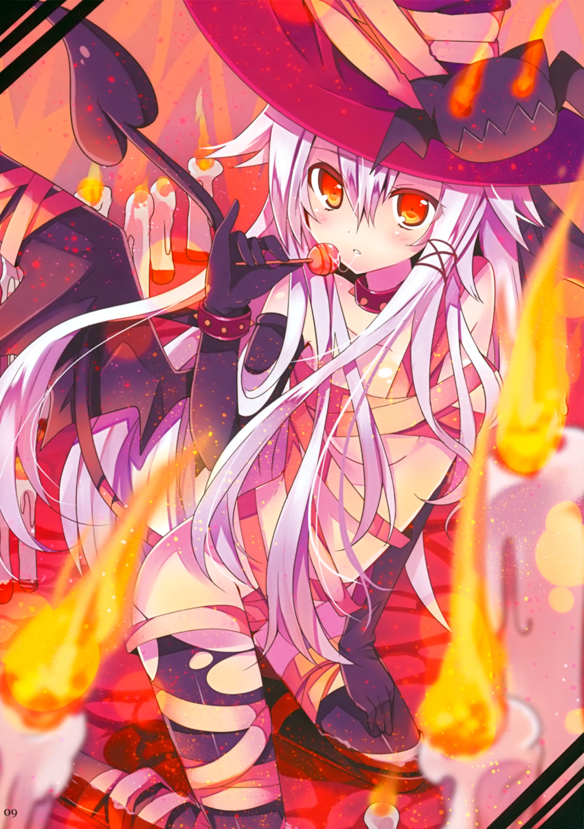 absurdres ancer_(mishima_kurone) anceril_sacred bat_wings blurry blush candle candy demon_girl demon_tail depth_of_field elbow_gloves error fire gloves halloween hat highres kneeling lollipop long_hair looking_at_viewer mishima_kurone naked_ribbon original partially_submerged pinky_out possible_duplicate red_eyes ribbon saliva saliva_trail solo tail thigh-highs thighhighs torn_thighhighs very_long_hair white_hair wings witch_hat wrong_hand
