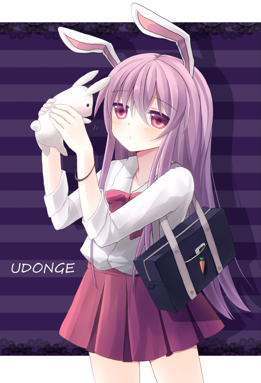 animal_ears bag blush bunny bunny_ears bunny_tail carrot cell_strap cellphone cellphone_strap character_name contemporary food highres long_hair miniskirt phone pink_eyes pink_hair rabbit rabbit_ears rairateru reisen_udongein_inaba skirt solo tail touhou vegetable very_long_hair
