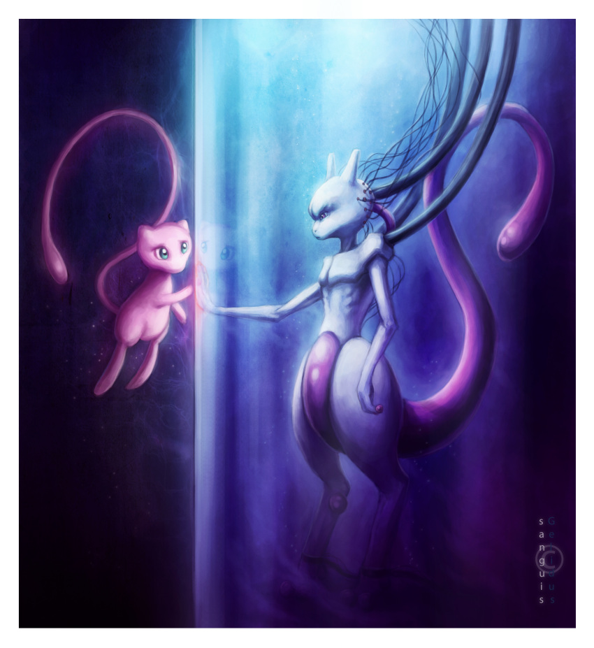 cable dark eye_contact floating highres jonas_jodicke looking_at_another mew mewtwo no_humans pokemon pokemon_(creature) realistic reflection sad scowl stasis_tank wire