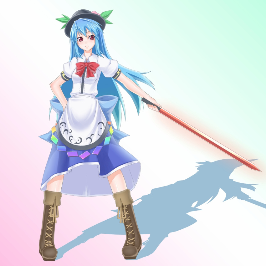 alternate_breast_size blue_hair blush bow cross-laced_footwear food fruit hat hinanawi_tenshi leaf long_hair peach red_eyes rock_(4koma) short_sleeves simple_background solo sword sword_of_hisou touhou very_long_hair weapon