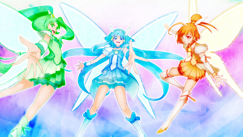 aoki_reika bike_shorts blue_eyes blue_hair boots bow butterfly_wings cure_beauty cure_march cure_sunny dress green_eyes green_hair grin hair_tubes hair_wings highres hino_akane k.sho long_hair magical_girl midorikawa_nao multiple_girls orange_hair outstretched_hand ponytail precure red_eyes skirt smile smile_precure! tiara tri_tails very_long_hair wings