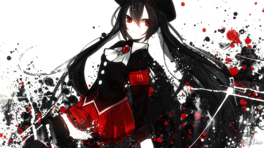 alternate_hair_color armband bad_id black_hair hat hatsune_miku long_hair looking_at_viewer red_eyes sazanami_shione skirt solo thigh-highs thighhighs twintails very_long_hair vocaloid zettai_ryouiki