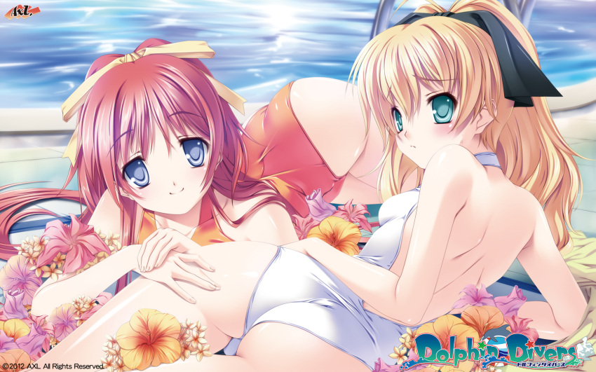 2girls aqua_eyes axl bare_shoulders blonde_hair blue_eyes blush character_request copyright_notice dated dolphin_divers erna_scheel flower highres long_hair lying multiple_girls ogura_minamo one-piece_swimsuit ponytail red_hair redhead senomoto_hisashi smile swimsuit title_drop wallpaper watermark