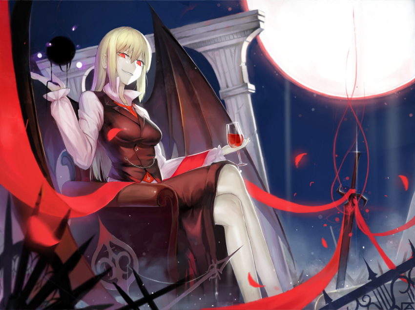 adapted_costume adult armor blonde_hair boots breasts crossed_legs cupping_glass darkness demon_wings ex-rumia fang feng_ze glass highres horns long_hair long_sleeves moon multiple_boys necktie night open_mouth payot red_eyes red_moon ribbon rumia short_hair sitting smile smirk solo sword thighhighs touhou very_long_hair weapon wings