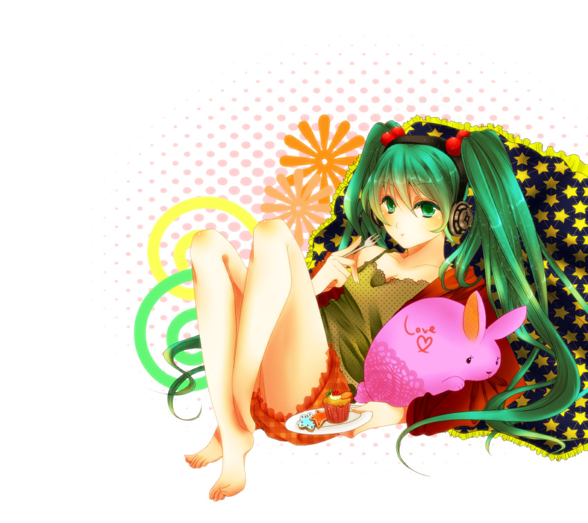 bad_id barefoot bunny cupcake feet fork green_eyes green_hair hatsune_miku headphones highres kyashii_(a3yu9mi) long_hair rabbit reclining solo twintails very_long_hair vocaloid