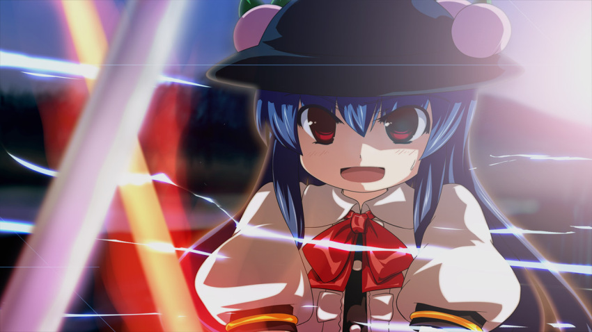 blue_hair bow chipika food fruit hat hinanawi_tenshi leaf long_hair open_mouth peach red_eyes short_sleeves solo sweatdrop sword sword_of_hisou touhou very_long_hair weapon