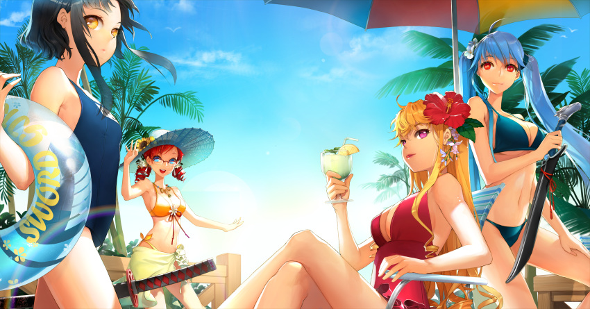 absurdres beach_umbrella bikini black_hair blonde_hair blue_eyes blue_hair breasts cinia_pacifica cleavage cocktail drill_hair flower front-tie_top glasses hair_flower hair_ornament hat hibiscus highres huge_filesize innertube katana large_breasts lens_flare long_hair lounge_chair luthica_preventer multiple_girls navel one-piece_swimsuit palm_tree possible_duplicate purple_eyes rainbow red_eyes red_hair redhead salt_(salty) sarong scabbard school_swimsuit see-through sheath short_hair side-tie_bikini sita_vilosa sky strap_gap swimsuit sword sword_girls tree twintails vernika_answer violet_eyes weapon yellow_eyes