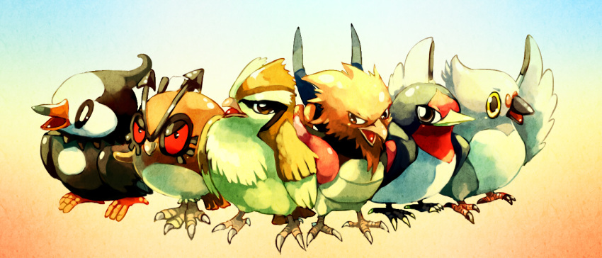 &gt;:) &gt;:d bird brown_eyes commentary gradient gradient_background head_tilt hoothoot looking_at_viewer looking_away no_humans open_mouth pidgey pidove pokemon pokemon_(creature) red_eyes sa-dui smile spearow standing starly swellow taillow yellow_eyes yelow_eyes