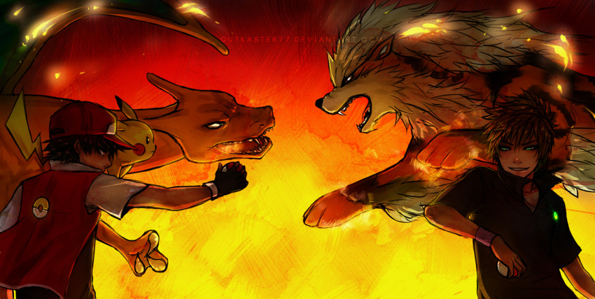 arcanine battle black_gloves black_hair brown_hair charizard epic fiery_background fingerless_gloves fire gloves holding holding_poke_ball male multiple_boys ookido_green ookido_green_(frlg) pikachu poke_ball pokemon pokemon_(game) pokemon_frlg pokemon_rgby pokemon_trainer rachityrach red_(pokemon) red_(pokemon)_(classic) short_sleeves spiked_hair spiky_hair watermark web_address wristband