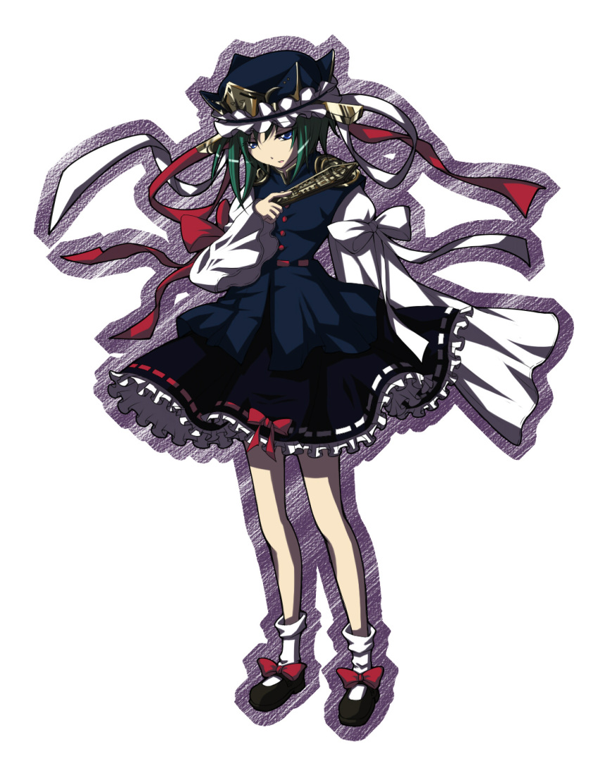 belt blue_eyes bow frills green_hair hat highres long_sleeves madare-rin mary_janes rod rod_of_remorse shikieiki_yamaxanadu shoes short_hair simple_background solo touhou wide_sleeves