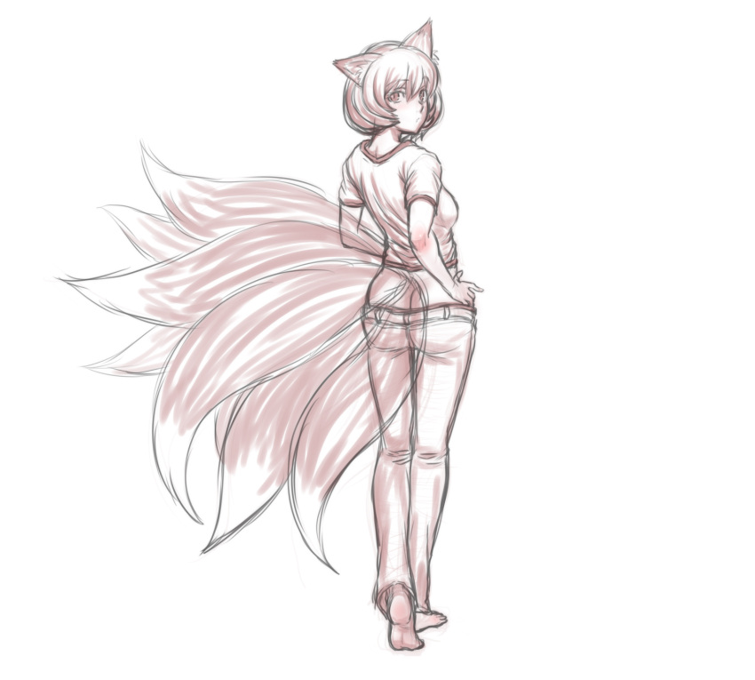 animal_ears ass barefoot butt_crack contemporary fox_ears fox_tail highres jeans kuro_suto_sukii looking_back monochrome multiple_tails no_panties shirt short_hair simple_background solo tail touhou white_background yakumo_ran