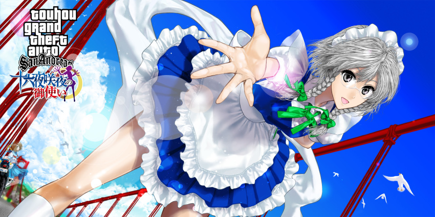 apron bespectacled bird bow braid bridge brown_eyes brown_hair cloud clouds flying frills glasses grand_theft_auto grey_eyes highres izayoi_sakuya maid maid_headdress motor_vehicle motorcycle multiple_girls open_mouth outstretched_arms sailor school_uniform scouter short_sleeves silver_eyes sky touhou twin_braids umami_(sakeikura) vehicle