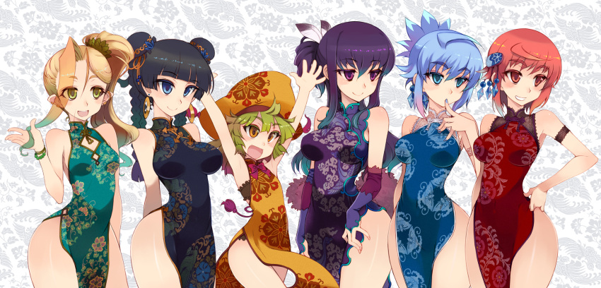 :d akari_(kagami_no_machi_no_kaguya) arm_garter armband arms_behind_back arms_up bare_shoulders black_hair blue_eyes blue_hair blush bracelet breasts brown_eyes bun_cover character_request china_dress chinese_clothes curvy double_bun earrings elbow_gloves fangs feathers finger_to_mouth gloves gradient_hair green_eyes green_hair hair_ornament hand_on_hip hat highres hips jewelry kagami_no_machi_no_kaguya kaguya_(kagami_no_machi_no_kaguya) kusanagi_tonbo large_breasts long_hair multicolored_hair multiple_braids multiple_girls nail_polish official_art open_mouth orizuru_(kagami_no_machi_no_kaguya) otohime_(kagami_no_machi_no_kaguya) pointy_ears ponytail purple_eyes purple_hair red_eyes red_hair redhead short_hair side_ponytail smile symbol-shaped_pupils urikohime_(kagami_no_machi_no_kaguya&#65289; urikohime_(kagami_no_machi_no_kaguya? urikohime_(kagami_no_machi_no_kaguyaï¼‰ violet_eyes