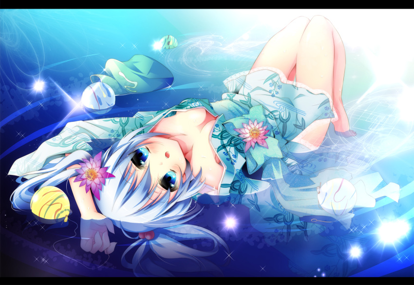 alternate_costume barefoot blue_eyes blue_hair blush bow breasts flower hair_bobbles hair_bow hair_flower hair_ornament hat hat_removed headwear_removed japanese_clothes kawashiro_nitori kimono looking_at_viewer lying natsukiyuu on_back open_mouth solo touhou twintails water water_balloon
