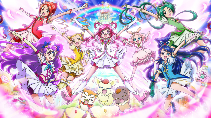 akimoto_komachi arm_up bike_shorts blonde_hair blue_eyes blue_hair boots brooch bubble_skirt butterfly_hair_ornament castle character_request chocola_(precure_5) coco_(precure_5) cure_aqua cure_dream cure_lemonade cure_mint cure_rouge double_bun drill_hair fingerless_gloves flower frills gensou_(mopoepei) gloves green_eyes green_hair hair_ornament hair_rings highres jewelry kasugano_urara long_hair magical_girl merupo_(precure_5) milky_rose mimino_kurumi minazuki_karen multiple_girls natsuki_rin nuts nuts_(precure_5) pink_eyes pink_hair pink_rose ponytail precure purple_hair rainbow red_eyes red_hair redhead rose shining_dream shoes short_hair shorts_under_skirt skirt smile spiked_hair spiky_hair syrup_(precure_5) thigh-highs thighhighs twin_drills twintails two_side_up yellow_eyes yellow_legwear yes!_precure_5 yes!_precure_5_gogo! yumehara_nozomi