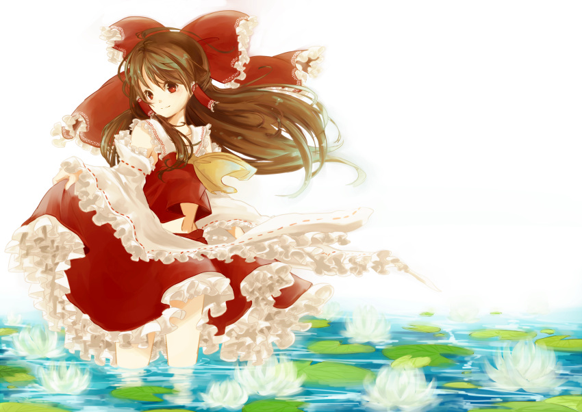 ascot bow clo_ver clothes_grab dress frilled_dress frilled_sleeves frills hair_bow hair_tubes hakurei_reimu highres lily_pad long_hair long_skirt red_eyes skirt skirt_set smile solo touhou water white_background wind