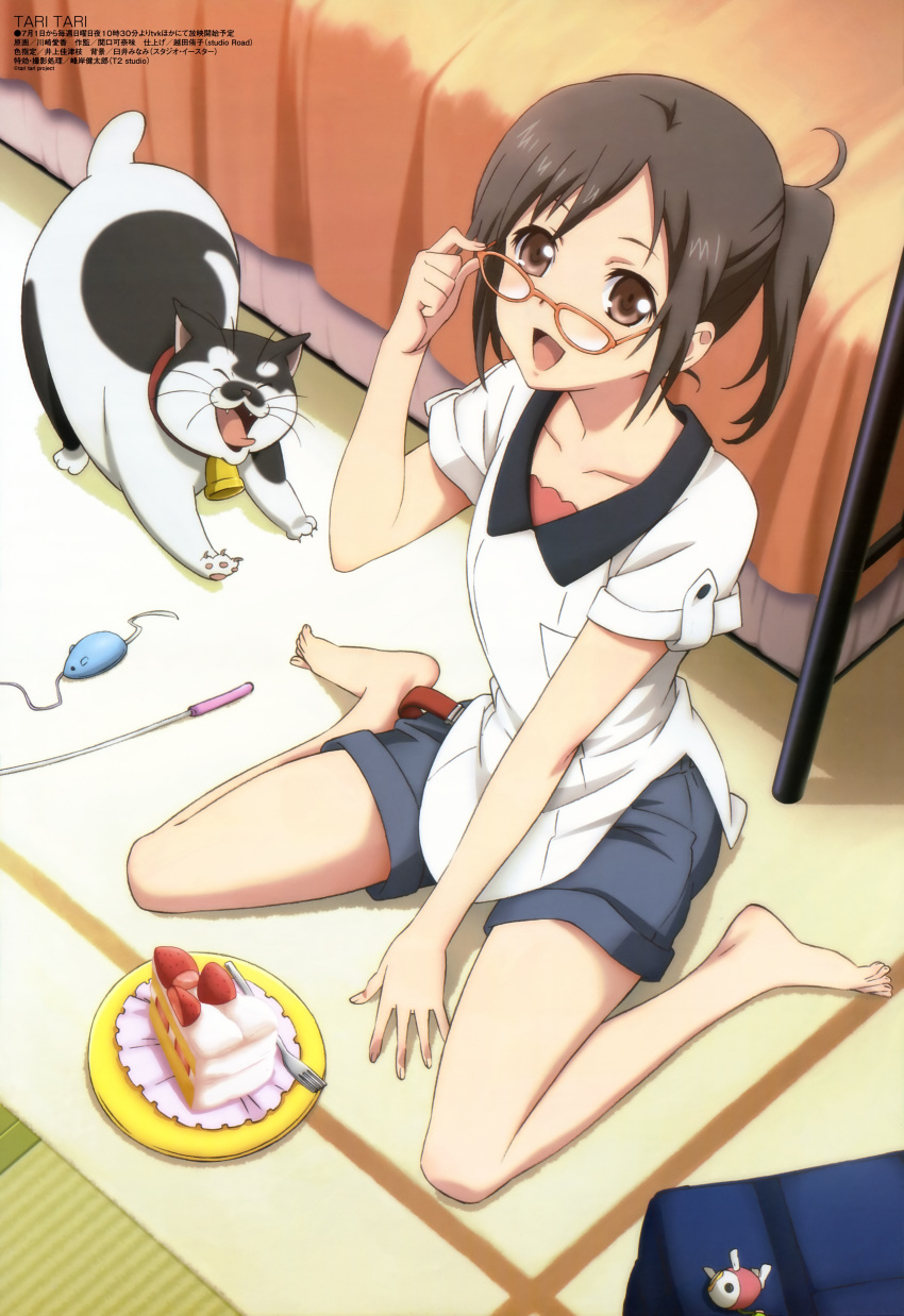 :d absurdres adjusting_glasses barefoot bed bedroom bell brown_eyes brown_hair cake casual cat cat_teaser character_request feet food fork from_above fruit glasses highres kawasaki_aika kneeling legs looking_at_viewer looking_up megami official_art open_mouth plate sakai_wakana sitting smile solo strawberry tari_tari wariza