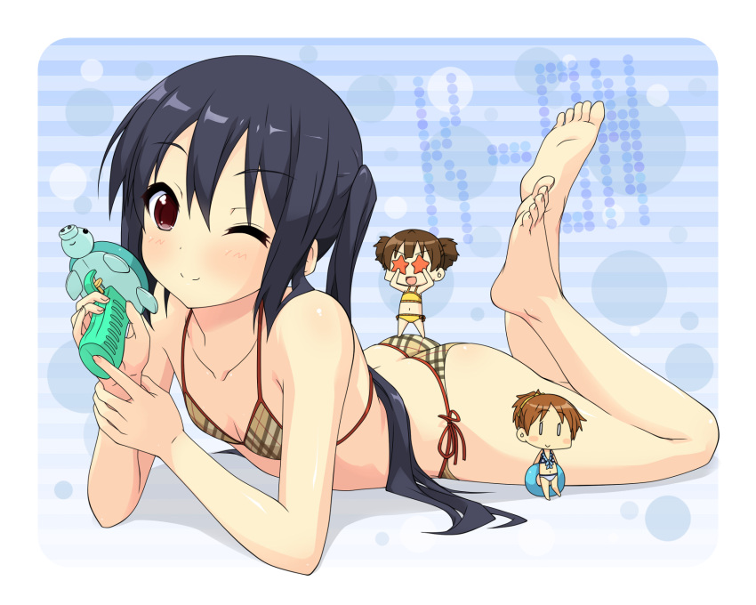 ;) ass bare_shoulders barefoot bikini black_hair blush chibi feet flat_chest highres hirasawa_ui k-on! k10k long_hair lying multiple_girls nakano_azusa on_stomach red_eyes side-tie_bikini smile soles star suzuki_jun swimsuit swimsuit toes twintails wink