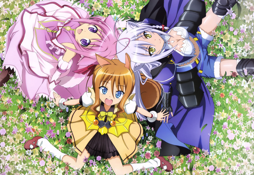 absurdres animal_ears blue_eyes breasts brown_hair cat_ears cat_tail cleavage dog_days dog_ears dog_tail flower from_above highres kuberu_e_pastillage leonmitchelli_galette_des_rois lying millhiore_f_biscotti multiple_girls nyantype official_art pink_hair purple_eyes scan squirrel_ears squirrel_tail tail violet_eyes white_hair yellow_eyes