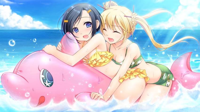 astraythem blue_eyes blush braid closed_eyes game_cg ginta grope hair_ornament hairclip long_hair ocean open_mouth short_hair swimsuit twintails two-piece_swimsuit