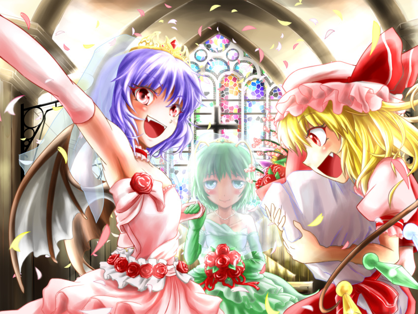 alternate_costume antennae armpits bare_shoulders bat_wings blonde_hair blush bouquet bridesmaid choker church cross crystal dress elbow_gloves fang fangs flandre_scarlet flower frills gloves green_dress green_eyes green_hair hand_holding hat highres holding_hands multiple_girls open_mouth petals pink_dress purple_hair red_eyes remilia_scarlet rose short_hair short_sleeves siblings sisters smile stained_glass tamasan tiara touhou veil wedding wedding_dress wings wriggle_nightbug