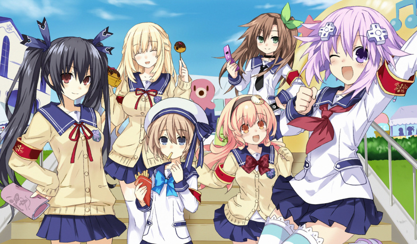 6+girls :d ;d ^_^ armband black_hair blanc blonde_hair blue_eyes brown_eyes brown_hair cardigan cell_phone cellphone choujigen_game_neptune closed_eyes compa flankoi food food_in_mouth green_eyes hair_ornament half_updo hat headband highres holding hyperdimension_neptunia_mk2 if_(choujigen_game_neptune) lavender_hair long_hair long_sleeves miniskirt mouth_hold multiple_girls necktie nepgear neptune_(choujigen_game_neptune) noire open_mouth outdoors phone pink_hair purple_eyes purple_hair railing school_uniform serafuku short_hair skirt smile stairs striped striped_legwear takoyaki thigh-highs thighhighs tsunako twintails vert white_legwear wink zettai_ryouiki