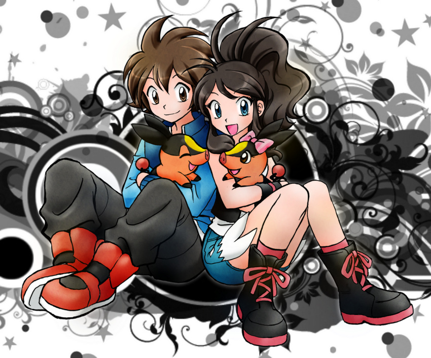 1girl :d abstract_background blue_eyes brown_eyes brown_hair chikorita85 denim denim_shorts grey_background long_hair looking_at_viewer no_hat no_headwear open_mouth pokemon pokemon_(game) pokemon_bw short_shorts shorts smile socks tennis_shoes tepig touko_(pokemon) touya_(pokemon)