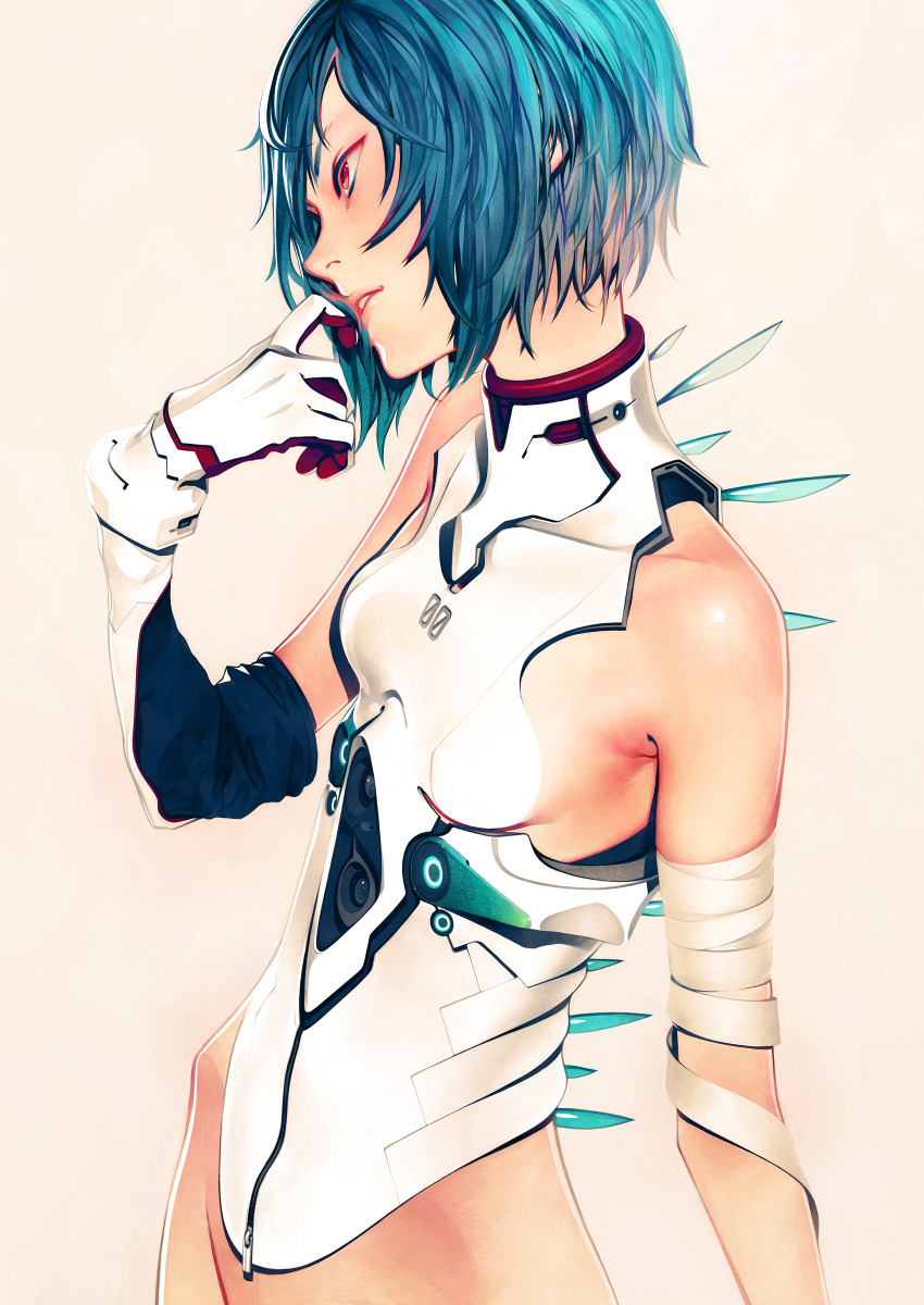 absurdres ayanami_rei bandage bandages bare_shoulders blue_hair finger_to_mouth highres iwai_ryou neon_genesis_evangelion plugsuit red_eyes solo