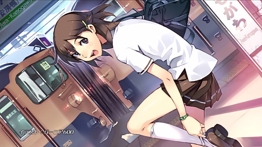 :d adjusting_shoe bag brown_eyes brown_hair dutch_angle eyecatch hair_ornament hairclip kneehighs kyouno_madoka looking_at_viewer open_mouth pleated_skirt rinne_no_lagrange school_uniform screencap short_hair skirt smile solo standing_on_one_leg train train_station vania600 watch white_legwear wristwatch