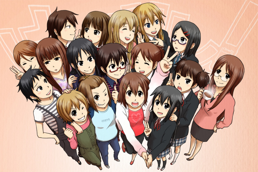 akiyama_mio bad_id black_hair blazer blonde_hair bonjin brown_hair casual cup everyone hair_ornament hairclip hayashi_sachi hirasawa_ui hirasawa_yui hirose_chiyo jacket k-on! kotobuki_tsumugi long_hair manabe_nodoka nakano_azusa okuda_nao polo_shirt saitou_sumire school_uniform short_hair skirt sokabe_megumi suspenders suzuki_jun tainaka_ritsu thumbs_up twintails v wada_akira wink yamanaka_sawako yoshida_ayame yoshii_kana