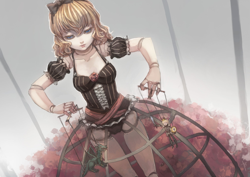 blonde_hair blue_eyes bow bryanth collarbone crown doll_joints dragon flower hair_bow knight marionette no_humans original puppet red_rose rose shield sword weapon
