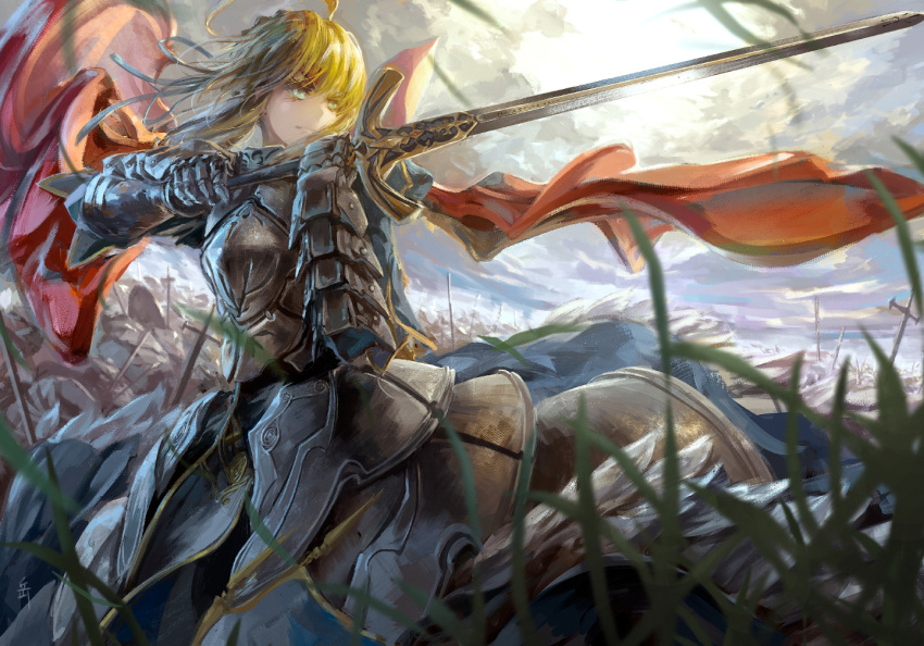 adapted_costume ahoge archlich armor armored_dress army blonde_hair breastplate caliburn cloudy_sky excalibur fate/stay_night fate_(series) faulds flag gauntlets grass green_eyes hair_ribbon planted_sword planted_weapon polearm ribbon saber serious shield short_hair signature solo sword war weapon