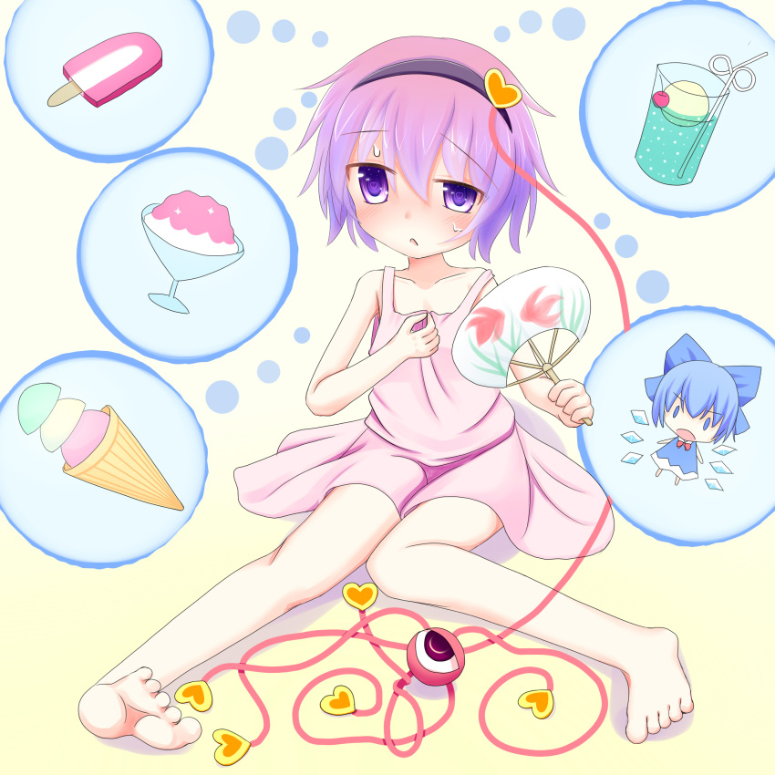 2girls blue_eyes blue_hair blush bow choko_(mixberry_parfait) cirno collarbone fan food gradient_hair hair_bow heart heart-shaped_pupils highres ice ice_cream ice_wings juice komeiji_satori multicolored_hair multiple_girls open_mouth popsicle purple_hair shaved_ice short_hair sleeveless sleeves sweat sweatdrop symbol-shaped_pupils third_eye touhou wings