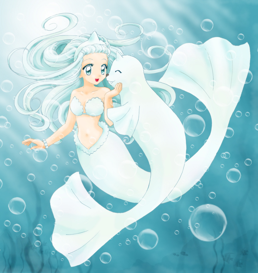 :d algae blue_background bracelet breasts bubble chikorita85 cleavage closed_eyes collarbone dewgong eyes_closed fangs friends full_body hand_on_another's_face hand_on_another's_face jewelry mermaid monster_girl navel open_mouth pokemon smile underwater white