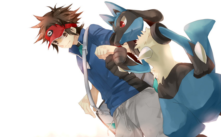 1boy bag brown_eyes brown_hair ichi_kawa_ichi jacket kyouhei_(pokemon) lucario male male_protagonist_(pokemon_bw2) pokemon pokemon_(creature) pokemon_(game) pokemon_bw2 short_hair shoulder_bag smile visor_cap