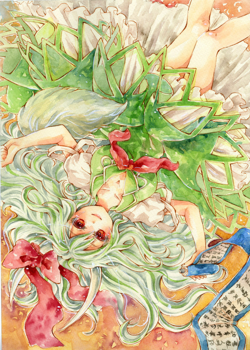 323emaki absurdres breasts cleavage clenched_hand dress ex-keine eyelashes fingernails green_dress highres horn_ribbon horns kamishirasawa_keine lips long_hair looking_at_viewer lying multicolored_background multicolored_hair on_back puffy_sleeves red_eyes ribbon scroll short_sleeves smile solo tail touhou traditional_media two-tone_background two-tone_hair upside-down very_long_hair watercolor_(medium)