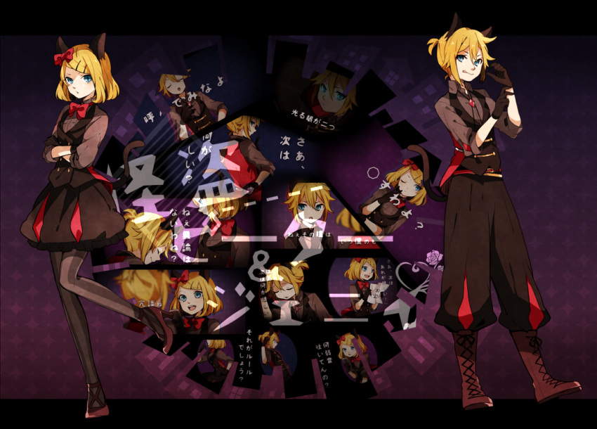 1girl :q boots bow brother_and_sister catboy catgirl gloves hair_bow hair_ornament hairclip kagamine_len kagamine_rin kemonomimi_mode letterboxed looking_at_viewer pantyhose short_hair siblings tail tama_(songe) tongue twins vertical-striped_legwear vertical_stripes vocaloid