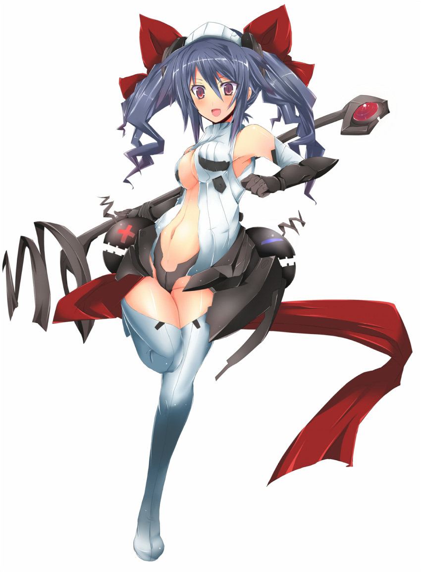 :d bare_shoulders black_hair breasts center_opening fai gauntlets highres long_hair navel open_mouth original red_eyes simple_background smile solo staff thigh-highs thighhighs twintails weapon white_background white_legwear